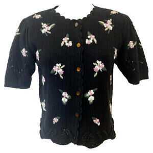 Vtg Herman Geist Crochet Eyelet Cardigan Sweater M Knit Embroidered Linen Blend